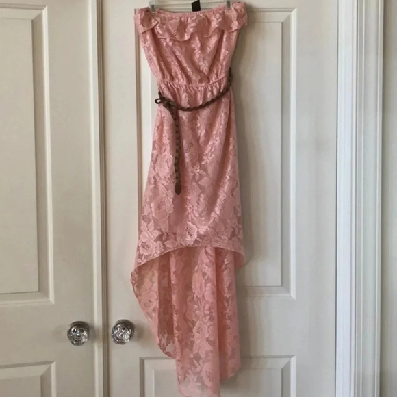 Trixxi Dresses & Skirts - Strapless lace dress, pink w brown braided belt, knee length, size medium